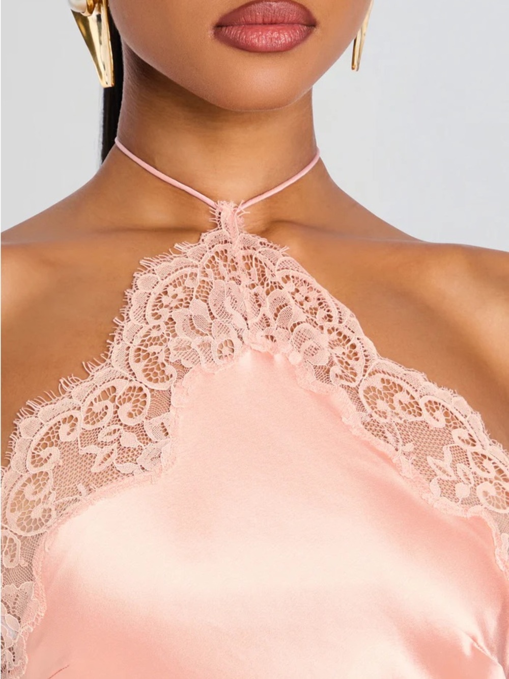 RETROFETE EVERLY DRESS
 Silky Lace Trim Halter Gown in Blush Color Peche - Picture 3 of 5